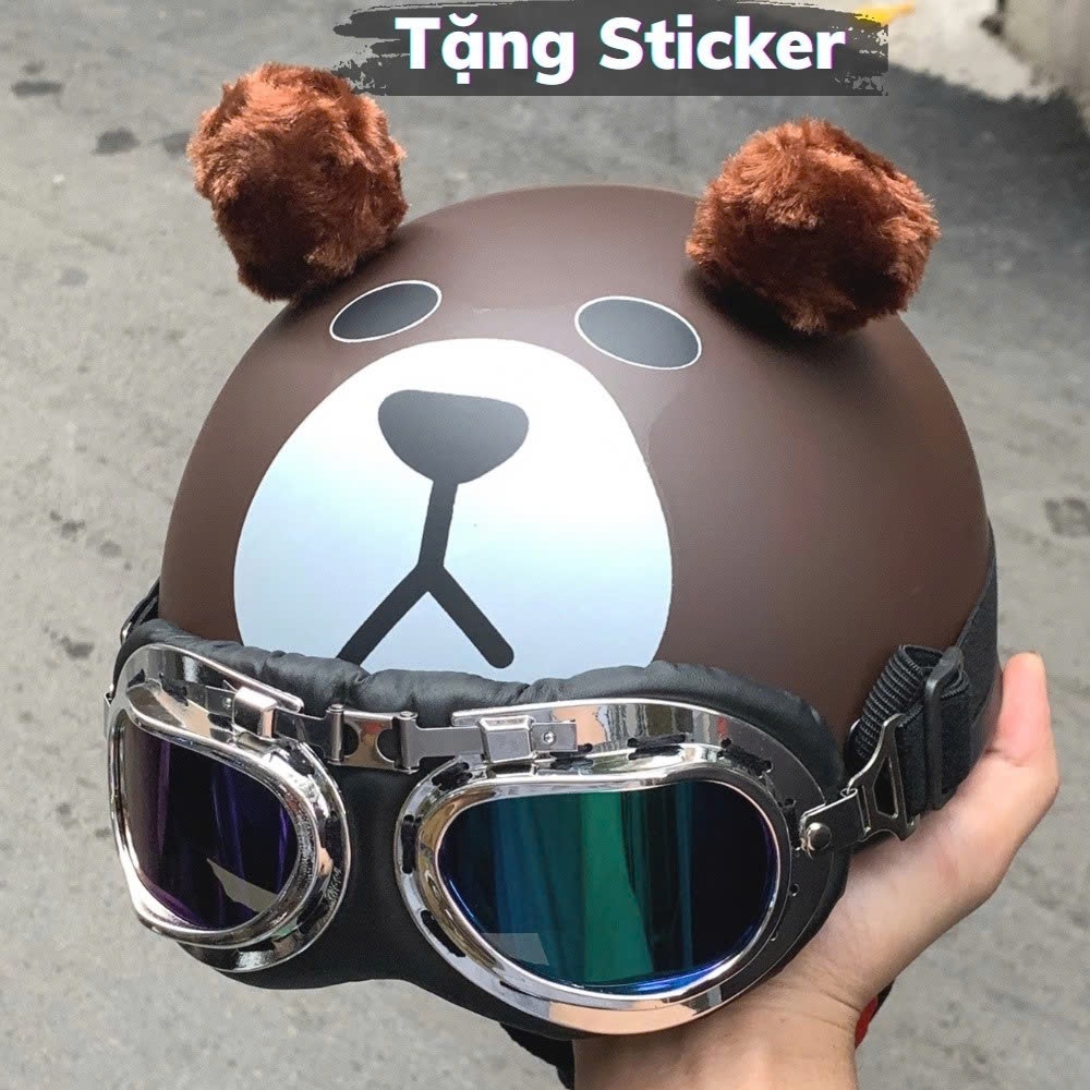 Mũ Bảo Hiểm Nửa Đầu Gấu Nâu Có Tai  ( Kính Phi Công + Kính UV400 Đen ) Helmet Nam