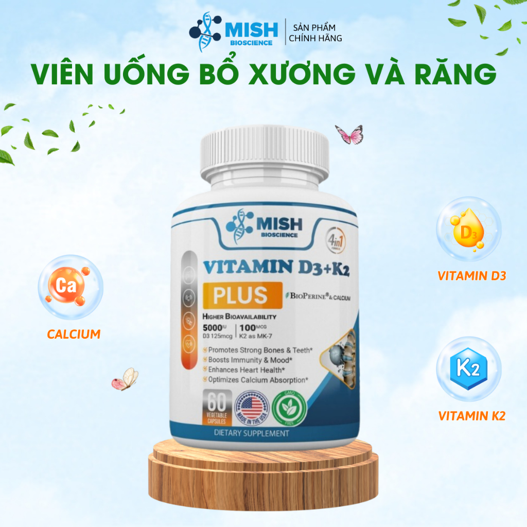 Viên Uống Bổ Xương Và Răng Vitamin MishBio Vitamin D3 K2 Plus Canxi & Bioperine Bổ Sung Calcium