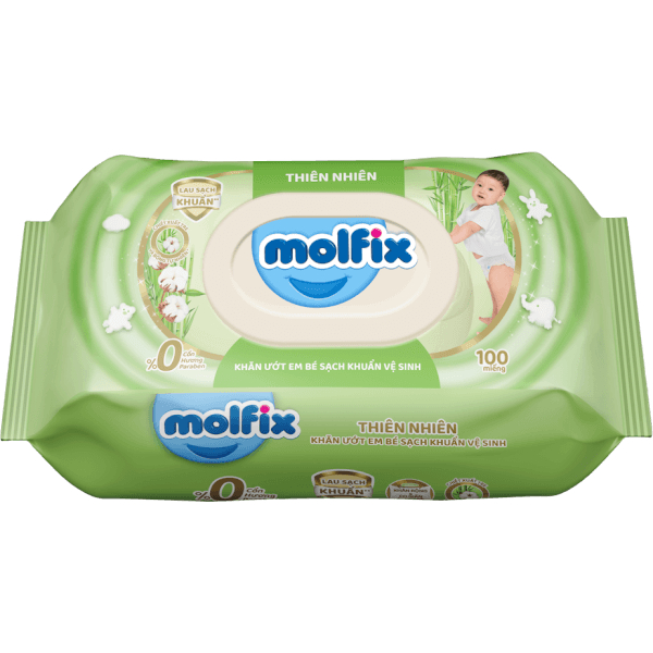 Khăn ướt Molfix thiên nhiên sạch khuẩn dịu nhẹ tươi mát với bông Organic tự nhiên ( hộp 100 tờ )