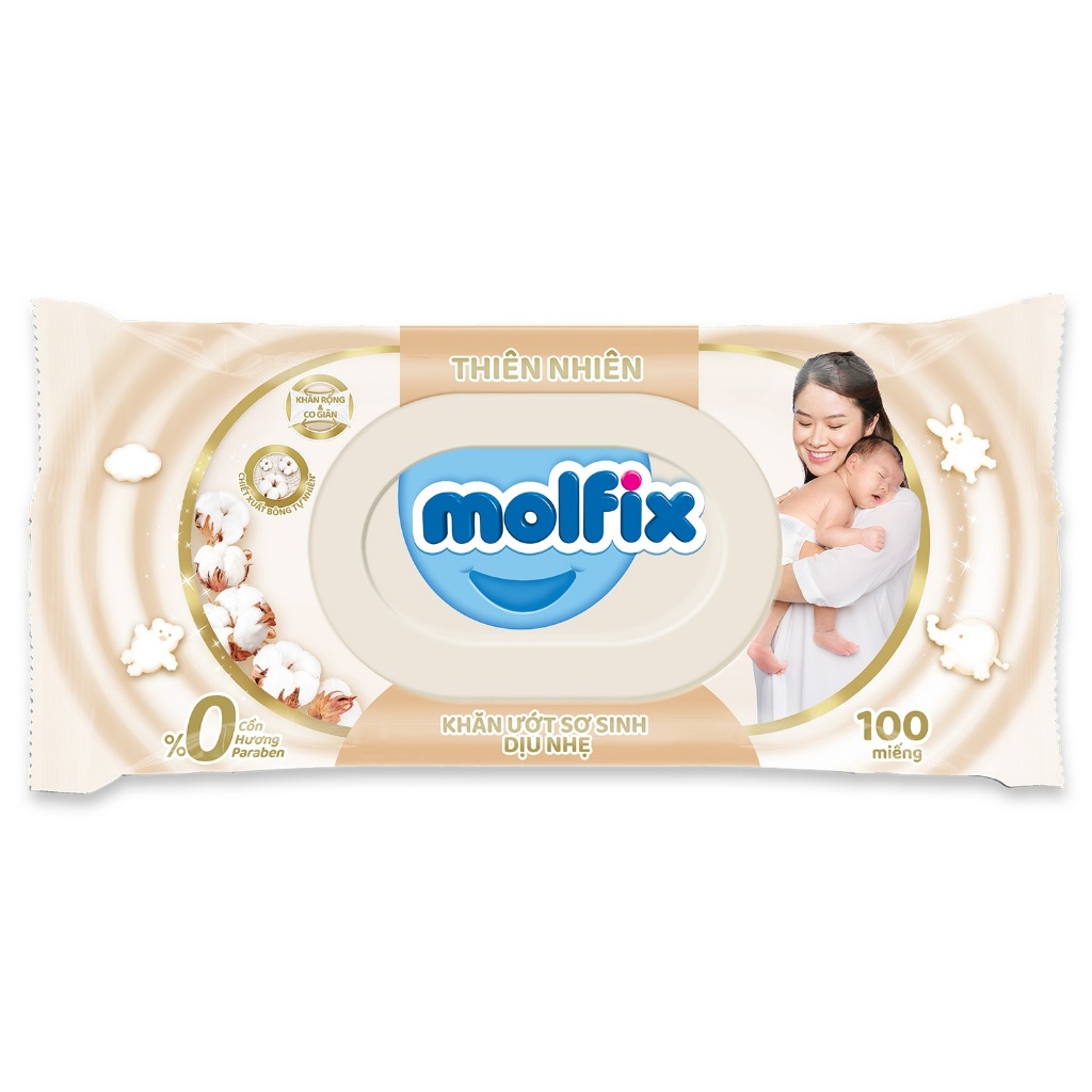 Khăn ướt Molfix thiên nhiên sạch khuẩn dịu nhẹ tươi mát với bông Organic tự nhiên ( hộp 100 tờ )
