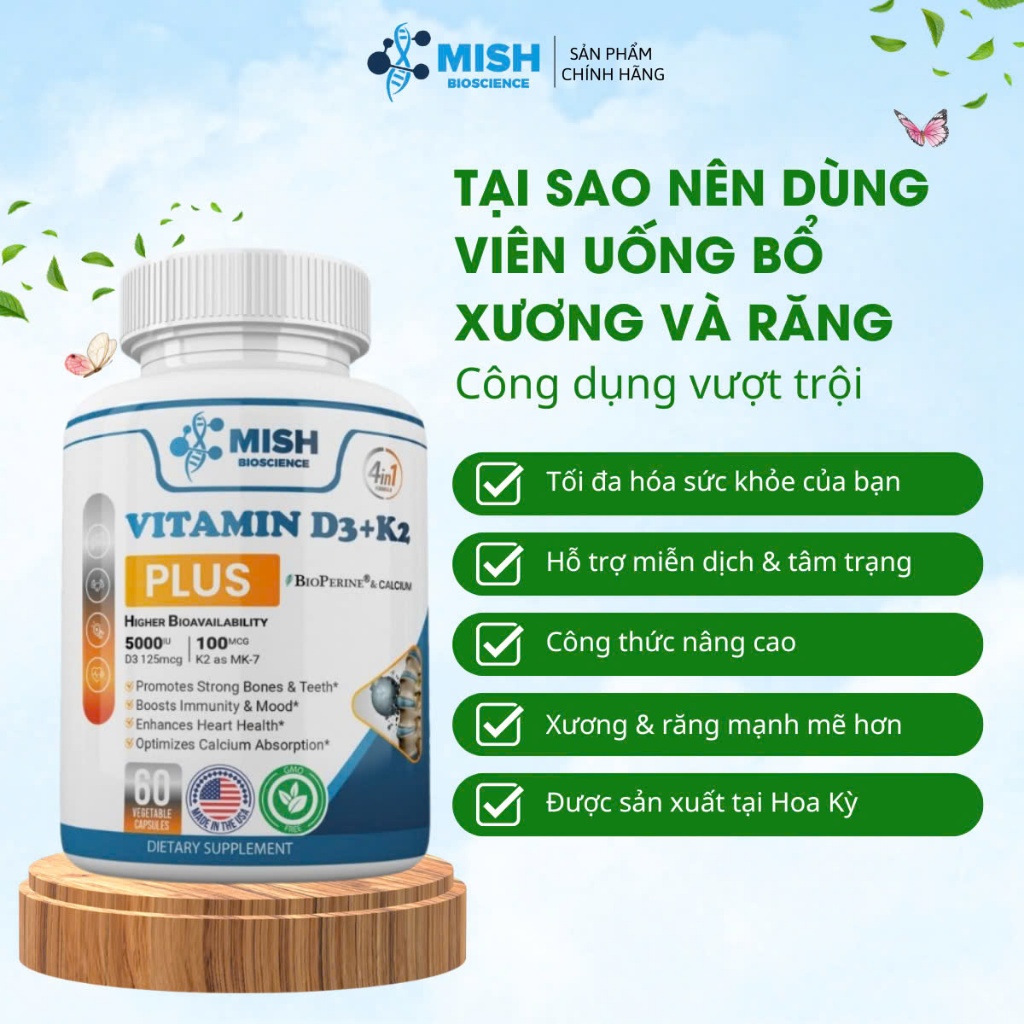 Viên Uống Bổ Xương Và Răng Vitamin MishBio Vitamin D3 K2 Plus Canxi & Bioperine Bổ Sung Calcium