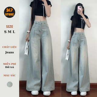 [Ảnh thật] Quần jeans xuông xếp ly màu xanh nhạt dáng dài 247store