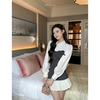 [S2.954] Set Áo Xước Đính Nơ Phối Sơmi Trắng Mix Chân Váy Xếp Ly Trắng (cvay có lót quần)