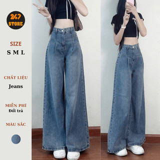 [Ảnh thật] Quần jeans xuông xếp ly màu xanh đậm dáng dài 247store phong cách Hàn Quôc