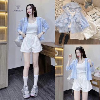 Sét Đồ Nữ 3 Món Áo 2 Dây Mix Áo Khoác Tằm Phồi Quần Short Trắng Năng Động Dễ Thương Xinh Mê