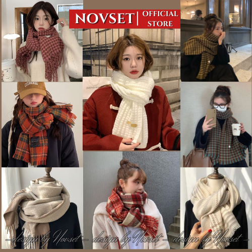 Khăn len choàng cổ unisex, Khăn quàng cổ giả cashmere họa tiết icon mèo dễ thương phong cách Hàn