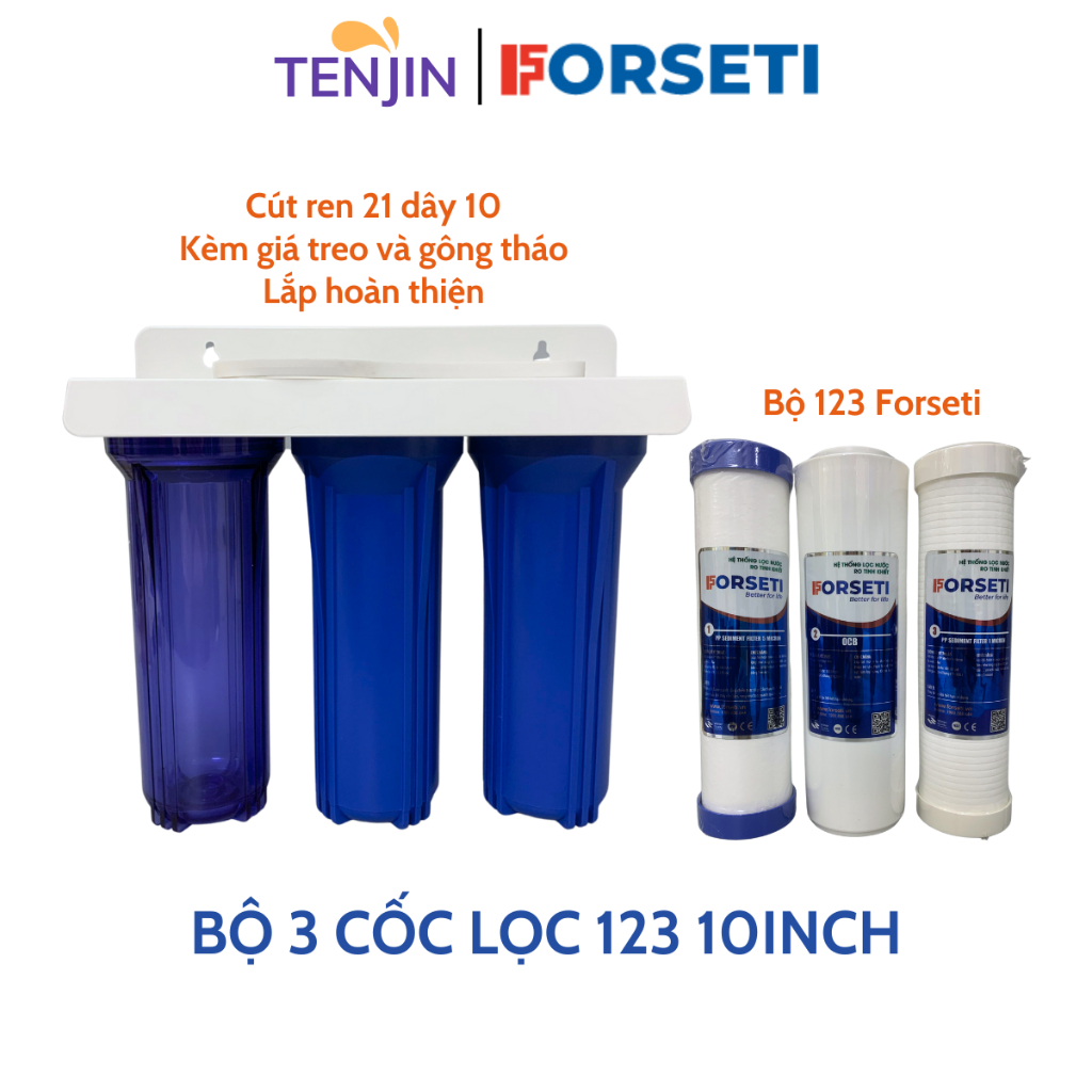 Bộ 3 Cốc Lọc Thô Kèm Lõi 123 Forseti (Gồm 3 cốc lọc 10Inch lắp sẵn, dây ra phi 10, tặng kèm gông tháo cốc lọc)