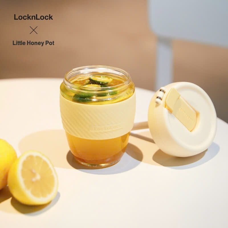 Bình đựng nước thủy tinh LocknLock 400ml bọc cách nhiệt LLG968, kèm ống hút - K-MALL