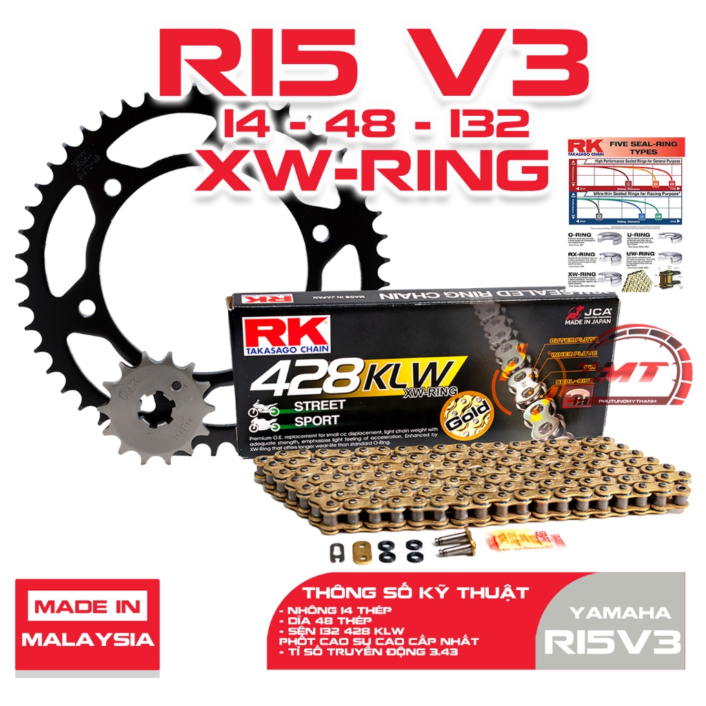 Nhông sên dĩa xe Yamaha R15 V3 sên RK vàng 428KLW phốt cao su XW-Ring ...