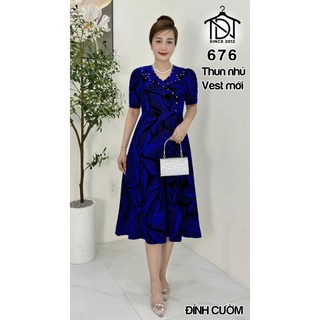 Đầm trung niên dự tiệc sang trọng vải kim tuyến nhũ kim sa đính đá tặng mẹ co giãn tốt bigsize 80kg M676
