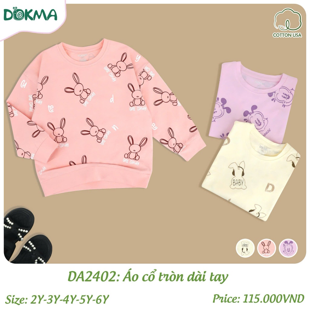 (11-22kg) Áo Cổ Tròn Dài Tay Cotton Dokma Bé Gái DA2402 DA3085