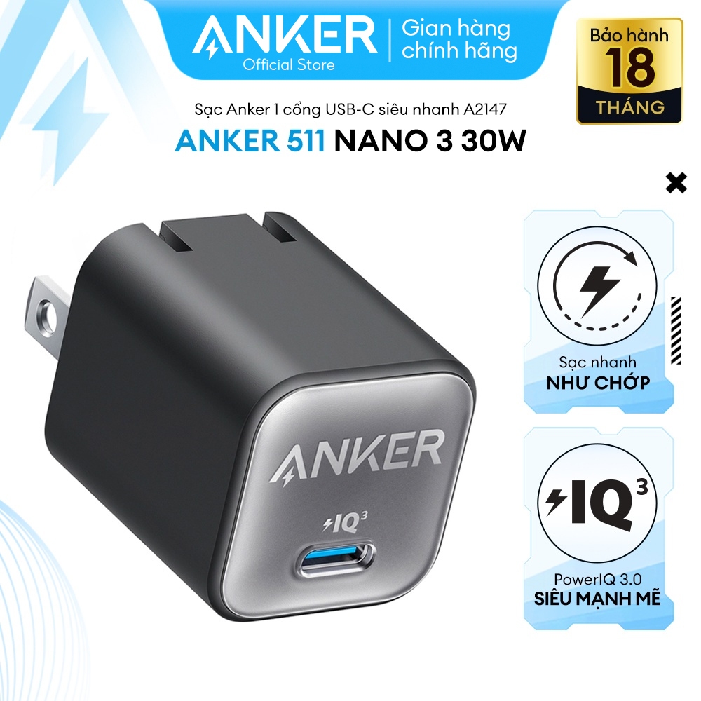Ảnh Sạc ANKER 511 Nano 3 30W 1 cổng USB-C PiQ 3.0 tương thích PD - A2147 - Hỗ trợ sạc nhanh từ iPhone 8 series trở lên. 1