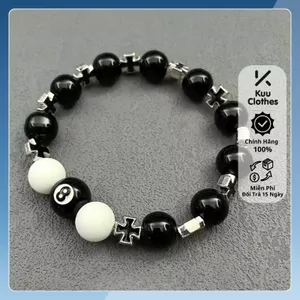 Vòng tay bi-a nam nữ thiết kế bi đen số 8 dấu cộng đính đá đen mạ bạc titan chống han gỉ thời trang Kuu - Vòng Tay Bi-a