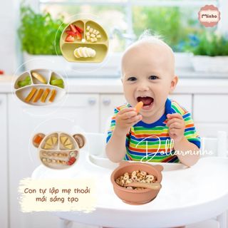 Set ăn dặm silicon cao cấp, khay 4 ngăn tai gấu có đế hít chống đổ Dollar Minho