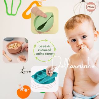 Set ăn dặm silicon cao cấp, khay 4 ngăn tai gấu có đế hít chống đổ Dollar Minho