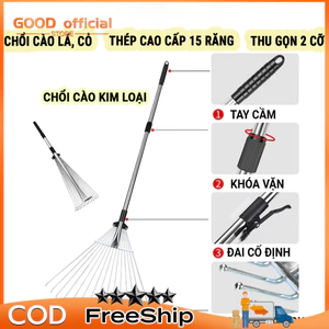 Chổi Quét Lá Cây, Cào Cỏ Bằng Hợp Kim Chống Gỉ Cao Cấp 15 Răng Tay Cầm Chống Trượt Rút Gọn Tiết Kiệm Không Gian Nhà Vườn