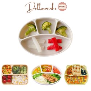 Set ăn dặm silicon cao cấp, khay 4 ngăn tai gấu có đế hít chống đổ Dollar Minho