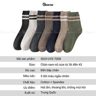 Set 5 đôi tất vớ nam nữ cổ cao GOMTAT sọc ngang nhiều màu sắc, chất liệu cotton khử mùi thoáng khí - UYE-7008-CB5