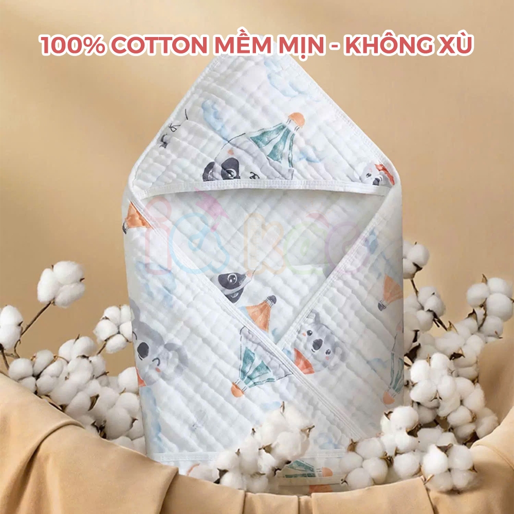 Ảnh Khăn Quấn Ủ Xô Vuông 4 Lớp Có Mũ Organic IQKao Cho Bé Sơ Sinh, chăn ủ choàng Chất Liệu Xô đa năng thoáng mồ hôi UC07 2