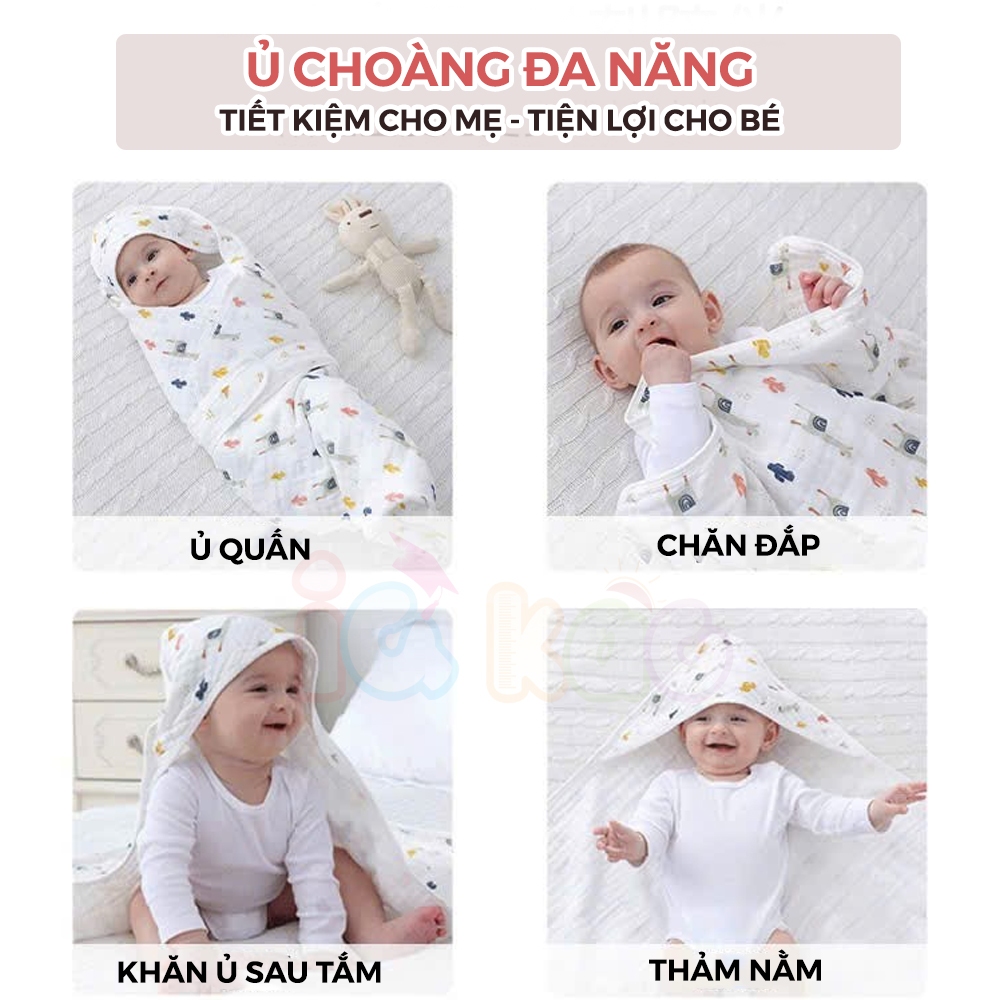 Ảnh Khăn Quấn Ủ Xô Vuông 4 Lớp Có Mũ Organic IQKao Cho Bé Sơ Sinh, chăn ủ choàng Chất Liệu Xô đa năng thoáng mồ hôi UC07 1