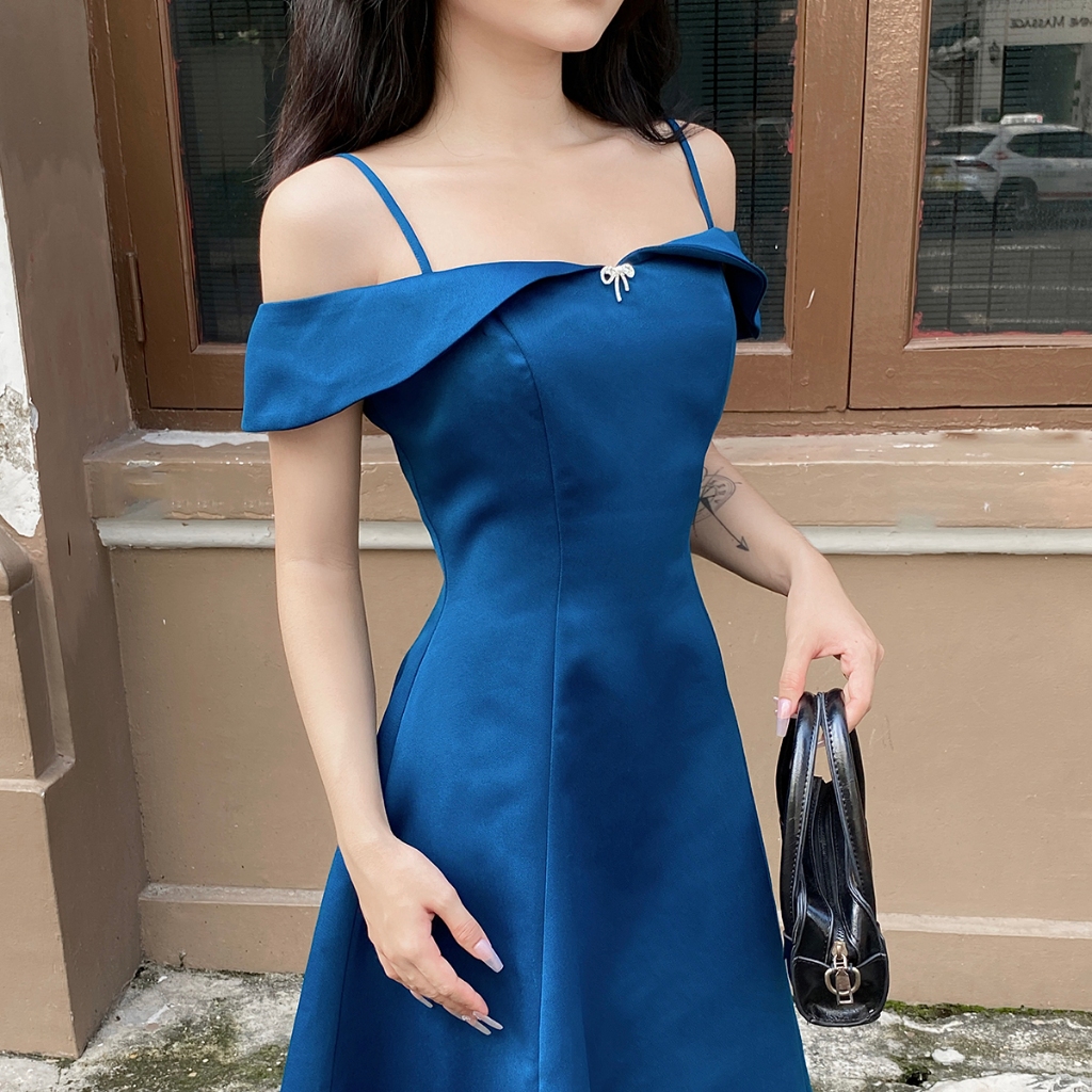 MAYBI Đầm Xòe Trễ Vai, Chất Bố Len Cao Cấp, Kiểu Dáng Sang Trọng