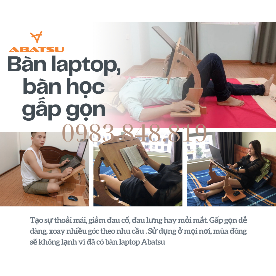 ( Bhành 3 năm) Bàn Laptop Gấp Gọn Thông Minh Abatsu – Dùng Trên Giường, Ghế, Sàn Điều Chỉnh Góc Xoay