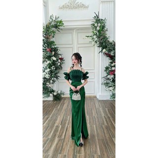 Đầm dạ hội phi lụa 2 dây bèo tay [ Đầm dạ hội dự tiệc ] xanh, đỏ, vàng, trắng, đen M044