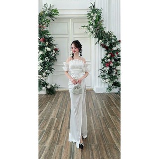 Đầm dạ hội phi lụa 2 dây bèo tay [ Đầm dạ hội dự tiệc ] xanh, đỏ, vàng, trắng, đen M044