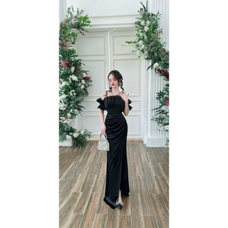 Đầm dạ hội phi lụa 2 dây bèo tay [ Đầm dạ hội dự tiệc ] xanh, đỏ, vàng, trắng, đen M044