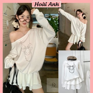 Set Bộ Đồ Nữ Trắng Áo Mì Hàn Lệch Vai In Nơ Vòng Mix Chân Váy Xếp Tầng Phối Cạp Freesize