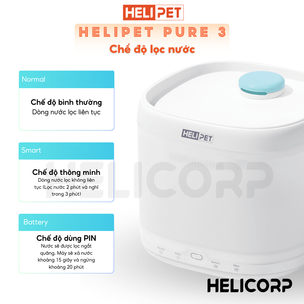 [New 2026] Máy lọc nước cho chó mèo HELIPET Pure 3 P3 - Công nghệ bơm không dây