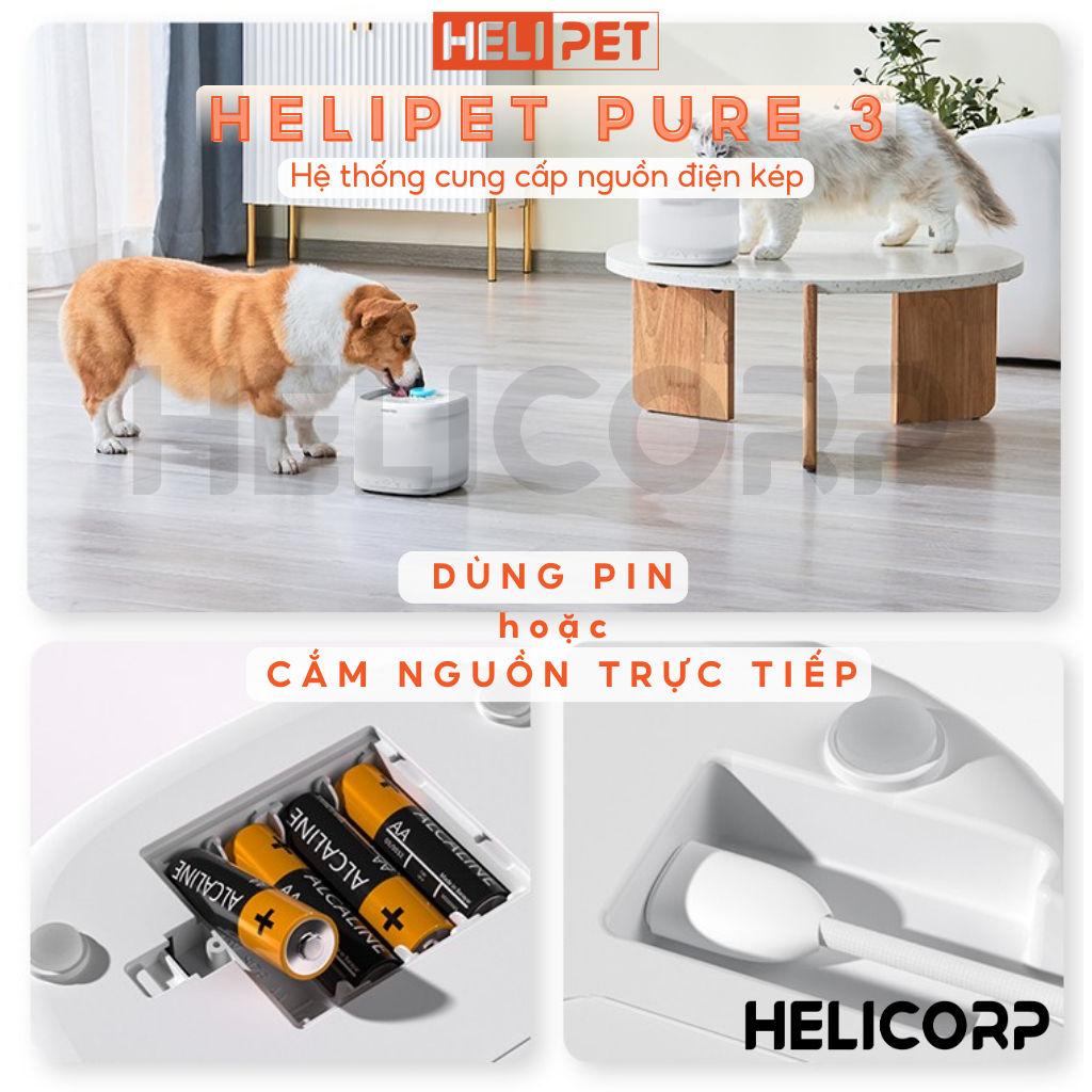 [New 2026] Máy lọc nước cho chó mèo HELIPET Pure 3 P3 - Công nghệ bơm không dây
