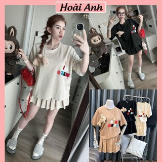 Set Bộ Đồ Nữ Nỉ Mì Áo Phông DEMARZO Chữ Lông Nổi Ngắn Tay Mix Chân Váy Xếp Ly Freesize