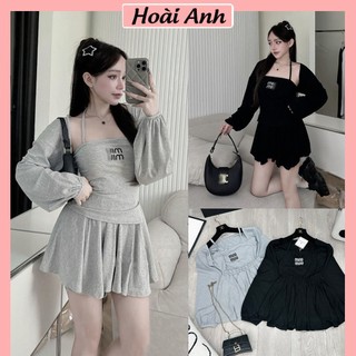 Set Bộ Đồ Nữ 3 Món Miumiu Áo Yếm Vạt Chéo Kèm Áo Khoác Dài Tay Mix Chân Váy Xòe Freesize