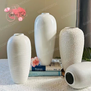 Bình Hoa Gốm Bát Tràng Dáng Bom Cao Cấp Lọ Hoa Mộc Atlantis Trắng Decor Trang Trí GomdecorTSC