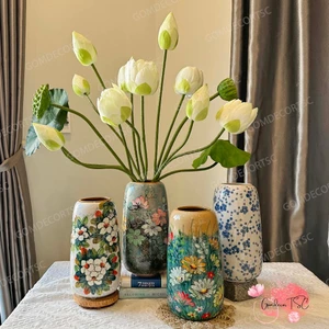 Bình Hoa Gốm Bát Tràng Dáng Vò Đu Đủ Cao 19 - 29 cm Vẽ Thủ Công Decor Trang Trí GomdecorTSC