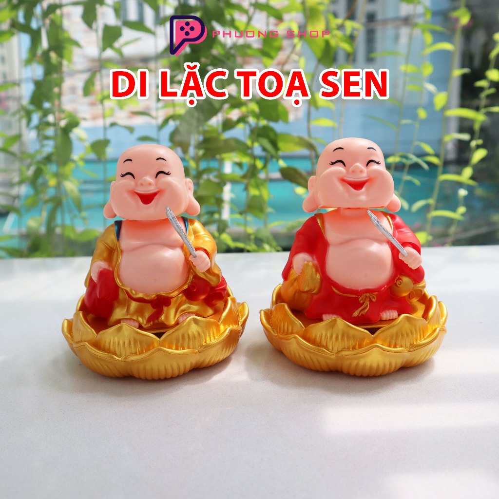 Tượng Phật Di Lặc phong thủy cầm quạt, lắc đầu ngồi tòa sen, năng lượng ...