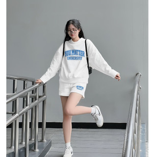 Set Bộ Nỉ Nữ Thu Đông CHEPOL Cổ Tròn, In Chữ (Áo Sweater Trắng + Quần Đùi Trắng) Chất Nỉ Chân Cua Cao Cấp, Dày Dặn-CPN82