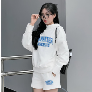 Set Bộ Nỉ Nữ Thu Đông CHEPOL Cổ Tròn, In Chữ (Áo Sweater Trắng + Quần Đùi Trắng) Chất Nỉ Chân Cua Cao Cấp, Dày Dặn-CPN82