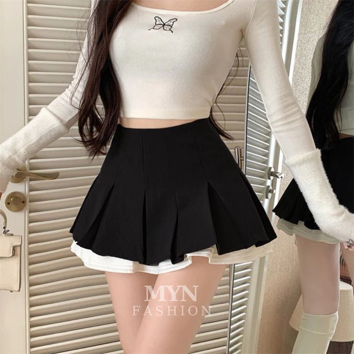 Chân Váy Xếp Ly Viền Trắng Khóa Kéo 2 Lớp Dày Dặn, Chân Váy Tennis Dáng Xòe Tiểu Thư Phối Viền Trắng