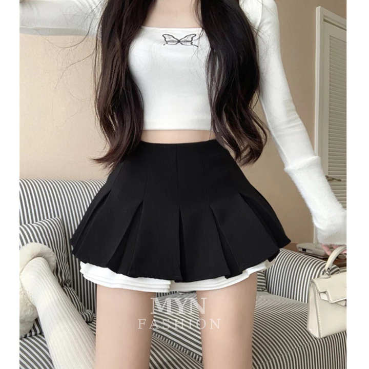 Chân Váy Xếp Ly Viền Trắng Khóa Kéo 2 Lớp Dày Dặn, Chân Váy Tennis Dáng Xòe Tiểu Thư Phối Viền Trắng