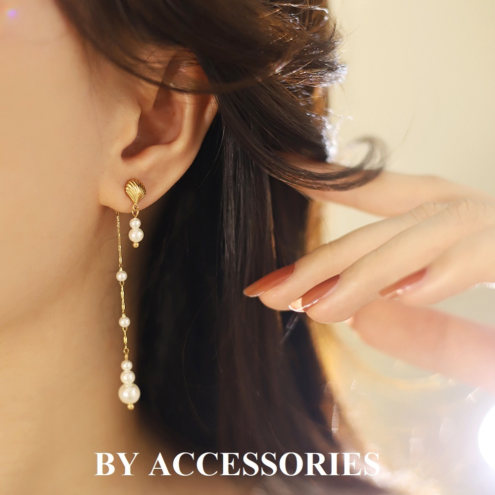 Bông tai nữ titan kiểu tua rua dài vỏ sò phối ngọc trai nhân tạo nhỏ xinh 2 trong 1 WE2477 BY ACCESSORIES