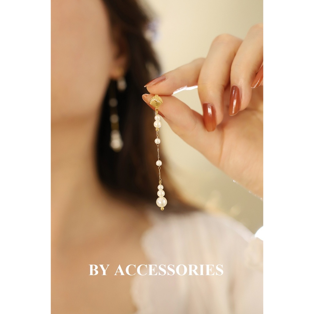 Bông tai nữ titan kiểu tua rua dài vỏ sò phối ngọc trai nhân tạo nhỏ xinh 2 trong 1 WE2477 BY ACCESSORIES