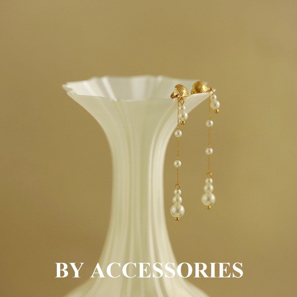 Bông tai nữ titan kiểu tua rua dài vỏ sò phối ngọc trai nhân tạo nhỏ xinh 2 trong 1 WE2477 BY ACCESSORIES