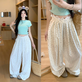 Quần ống rộng trắng chấm bi phôi viền ren chun, quần ống suông dài chấm bi đen, thời trang nữ hot 2024