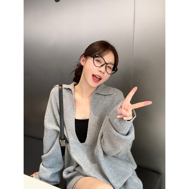 M.H STYLE ORDER  (SẴN XÁM) Phong cách lười biếng cổ chữ V thiết kế đơn giản retro len dệt