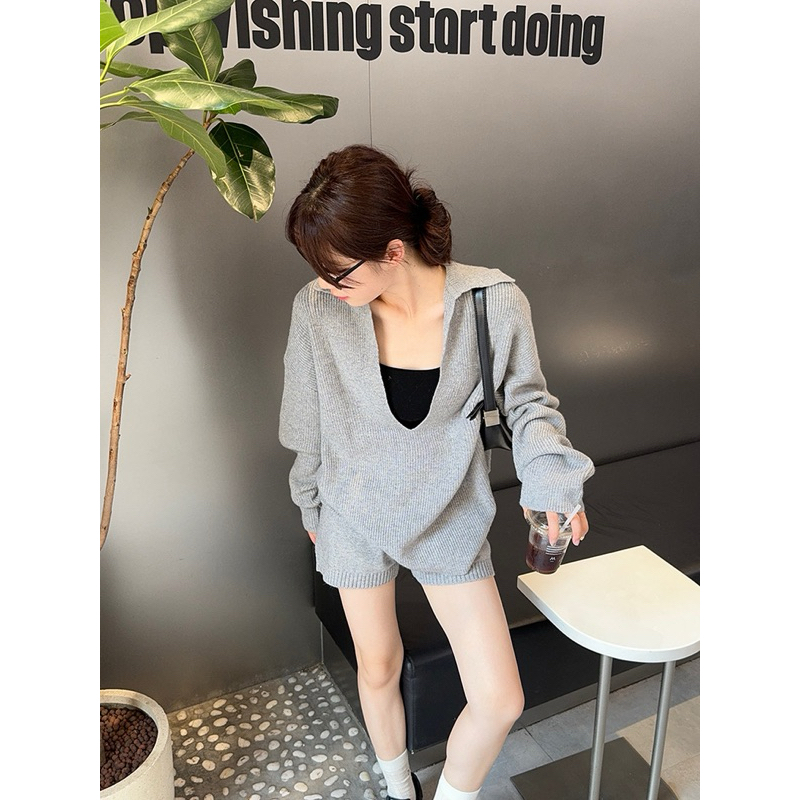 M.H STYLE ORDER  (SẴN XÁM) Phong cách lười biếng cổ chữ V thiết kế đơn giản retro len dệt