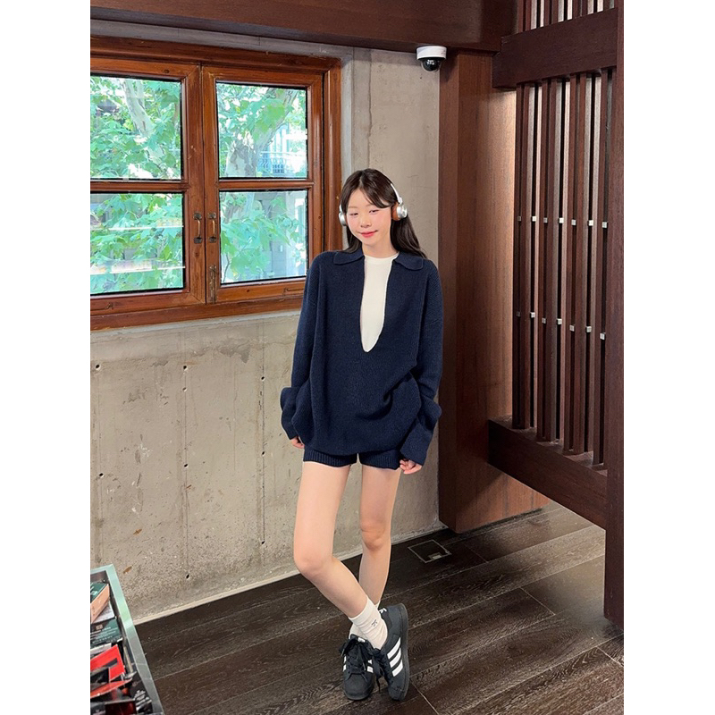 M.H STYLE ORDER  (SẴN XÁM) Phong cách lười biếng cổ chữ V thiết kế đơn giản retro len dệt