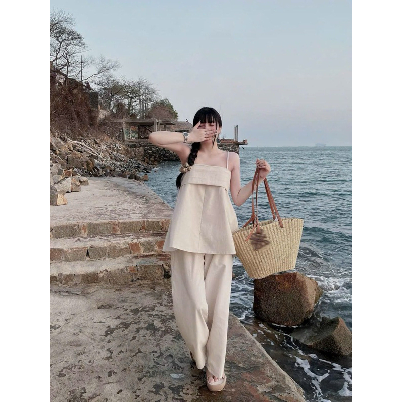 Set linen áo 2s form rộng+ quần suông dạo phố thoáng mát-PUSU HOUSE