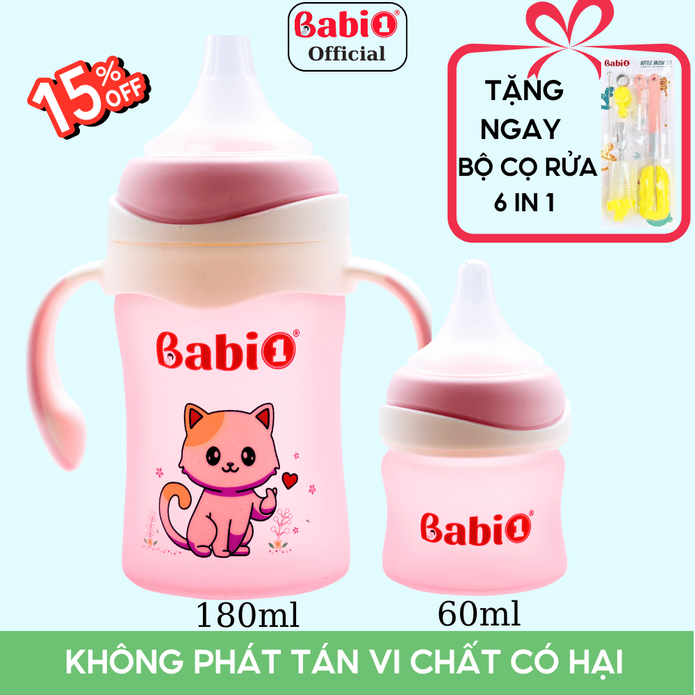 Combo 2 Bình Sữa Thủy Tinh Babi1 Cảm Biến Nhiệt Báo Nóng Chống Trơn Trượt Bể Vỡ (Kèm Quà Tặng)